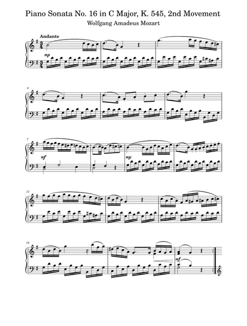 Sonata No.16 Movement 2 K.545 - Wolfgang Amadeus Mozart (Piano Solo)