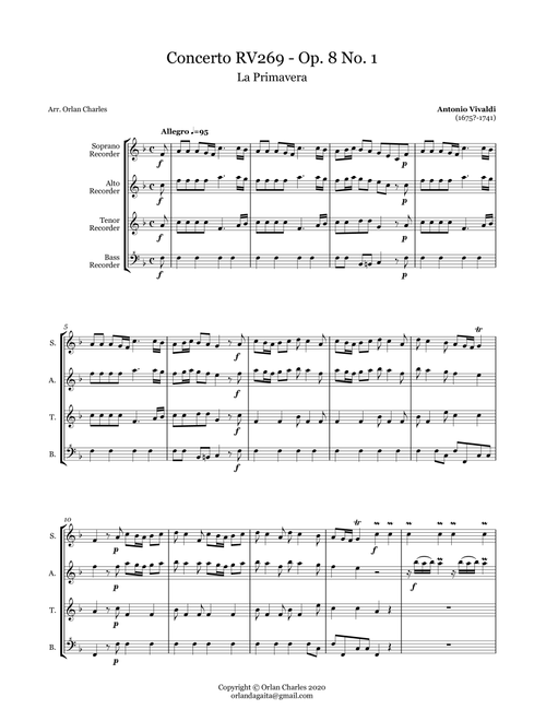 Antonio Vivaldi - Concerto in E major "Spring" - Rv269 - arr. for recorder quartet (Arr. Orlan Charles) (Small Ensemble)