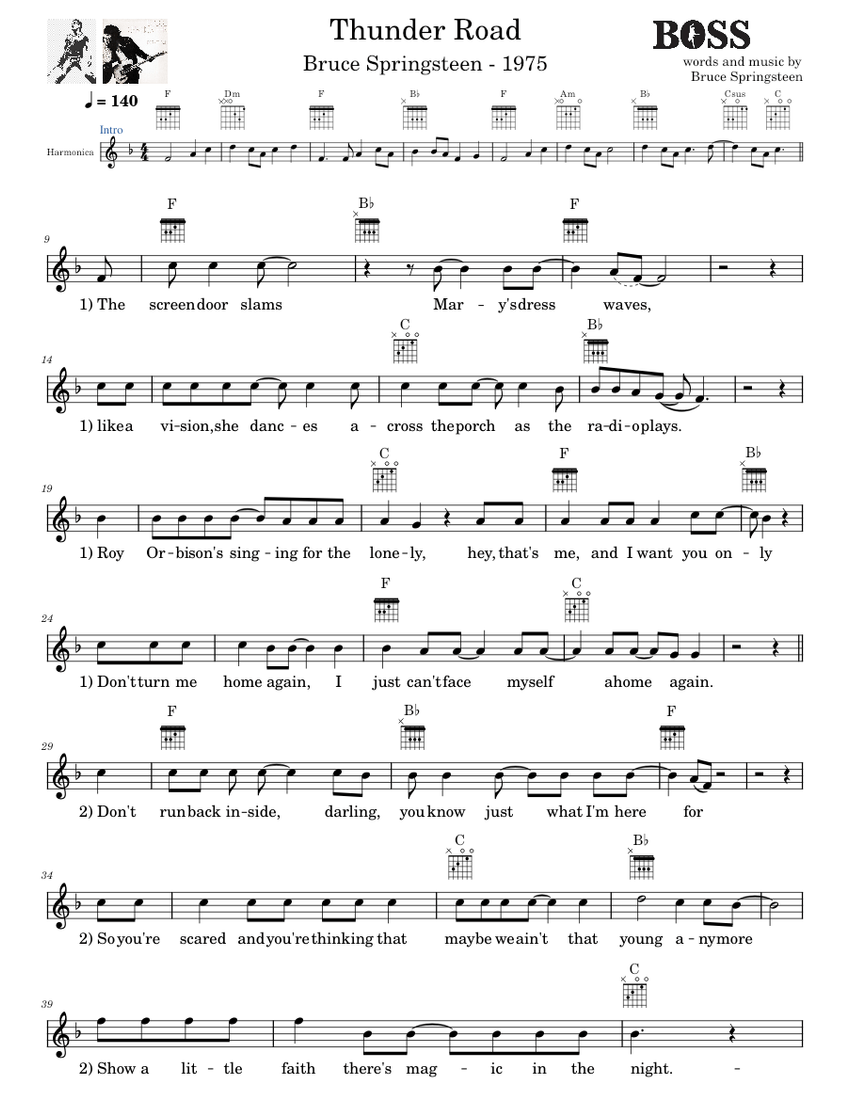 Thunder road Bruce Springsteen Sheet music for Vocals, Guitar