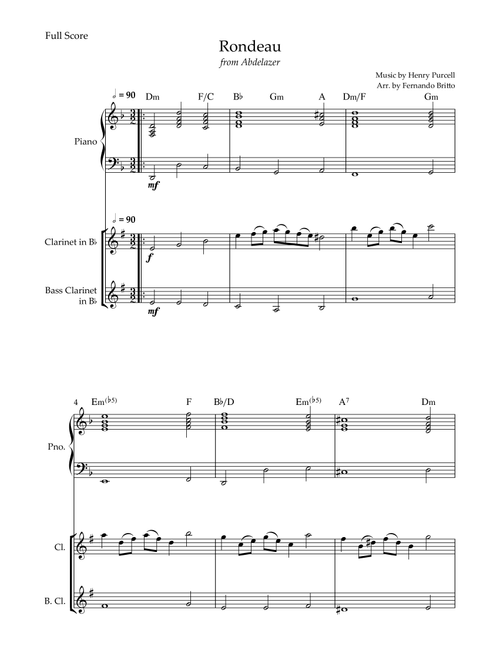 Rondeau (from Abdelazer) for Clarinet & Bass Clarinet in Bb Duo and Piano Accompaniment with Chords (Arr. Fernando Britto) - Henry Purcell (Instrumental Duet and Piano)