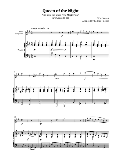 Queen of the Night - for solo tenor saxophone (with piano) (Arr. Rodrigo Faleiros) - Mozart, W A Mozart (Tenor Sax and Piano)