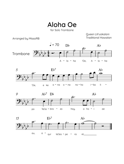 Aloha Oe - Solo Trombone in Ab Major Easy With Lyrics & Chords (Arr. MissoRB) - Queen Liliʻuokalani (Trombone Solo)