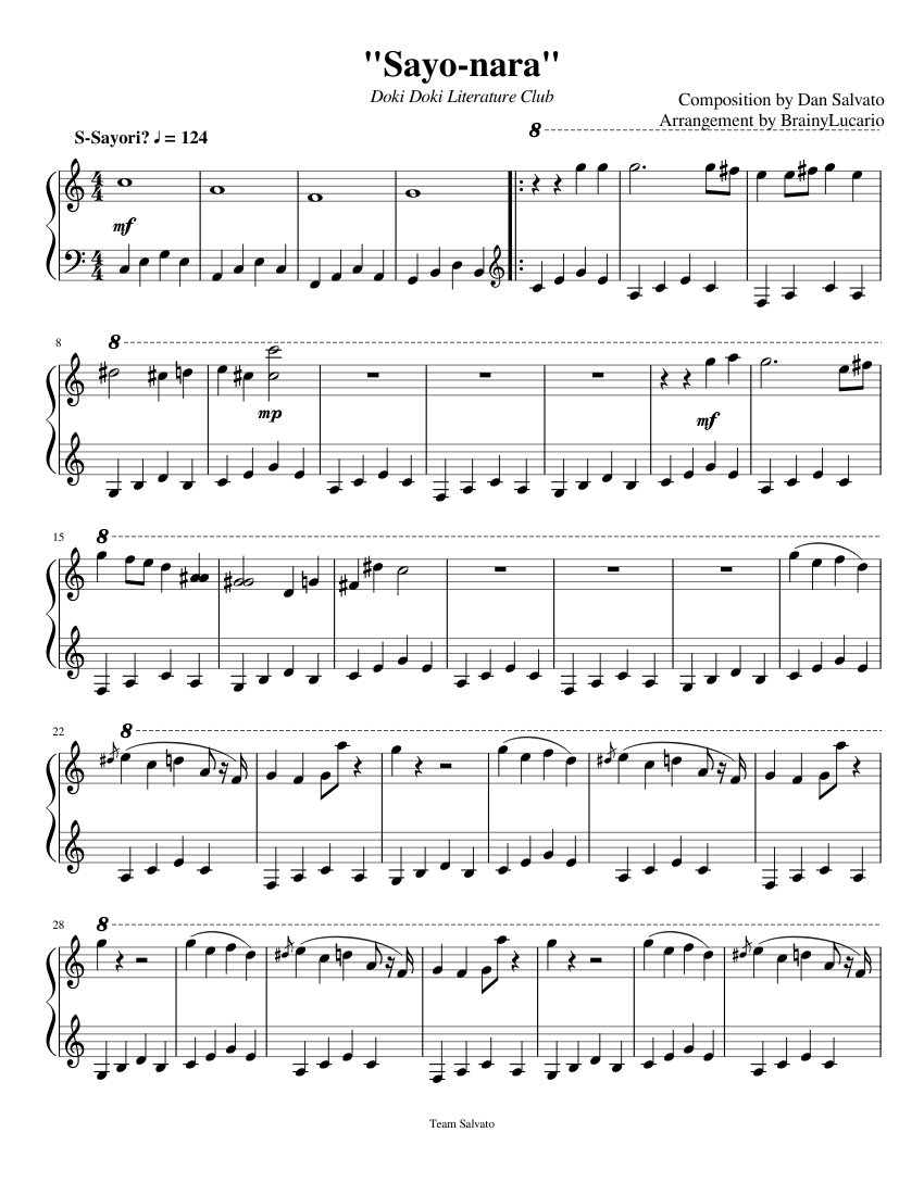 Sayo-nara - Doki Doki Literature Club (Piano Arrangement) Sheet music for  Piano (Solo) 
