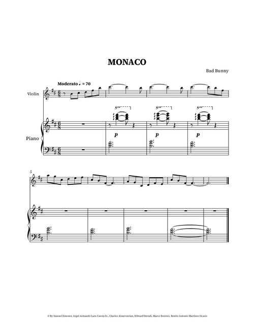Monaco (Arr. Pedro Marques) - Bad Bunny (Violin and Piano)