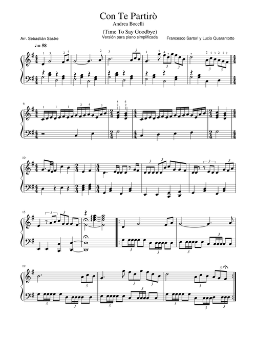 Con te partiro – Andrea Bocelli Piano Solo, versión simplificada.