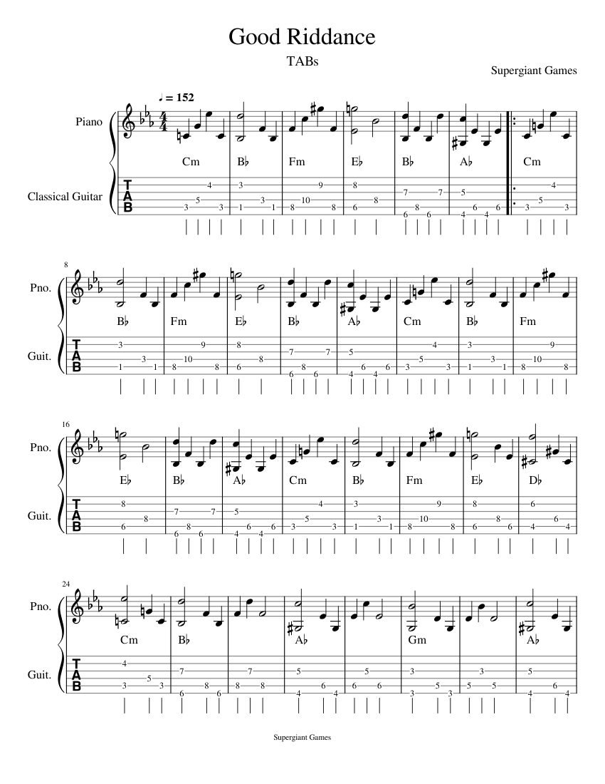 Good Riddance Tabs In Numbers Good Riddance with TABs from Hades by Supergiant Games Sheet Music with ...