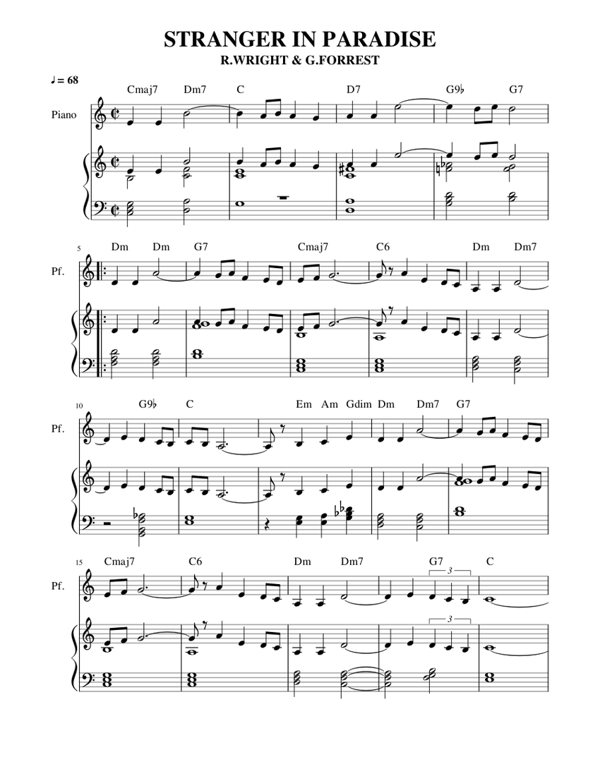 STRANGER IN PARADISE Sheet Music with Chords for Piano (Solo