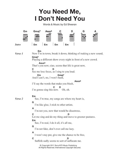 You Need Me, I Don't Need You - Ed Sheeran (Piano-Vocal-Guitar (Piano Accompaniment))