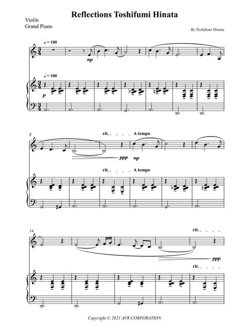 Reflections Toshifumi Hinata (Arr. Wesley S. SIlva) (Violin and Piano)