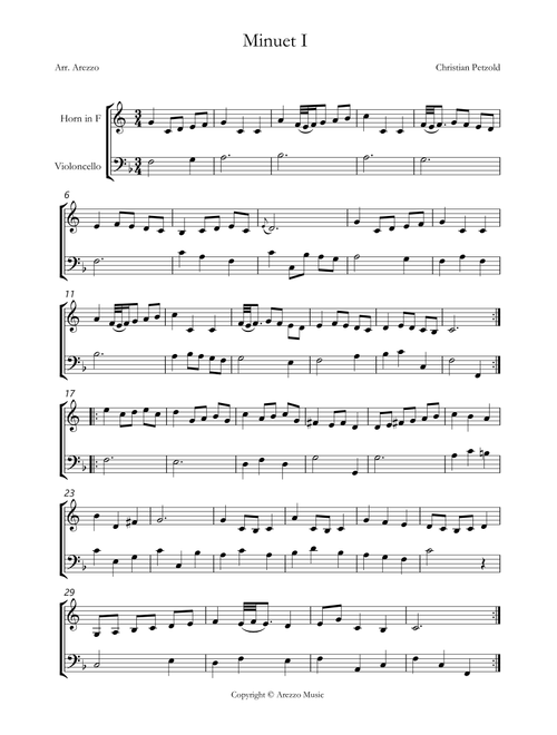 bach bwv anh 114 minuet in g french horn and Cello sheet music (Arr. Arezzo Music) - J S Bach (Instrumental Duet)