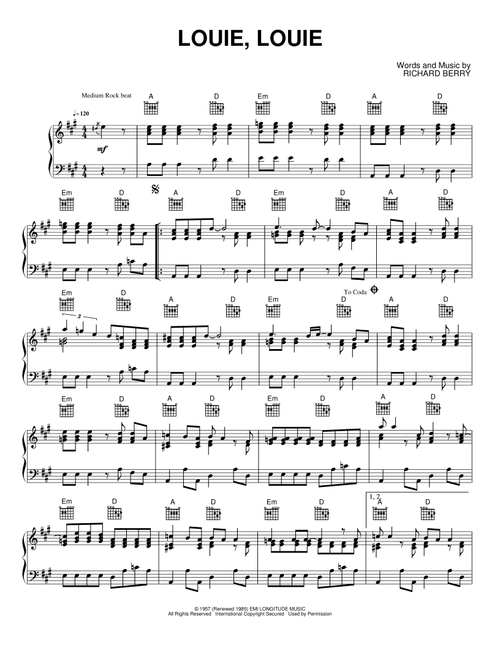 Louie, Louie - Kingsmen (Piano-Vocal-Guitar)