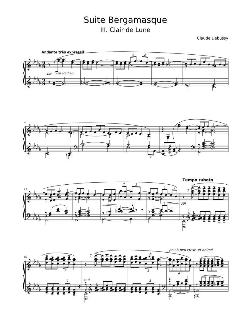 REUGE オルゴール Clair de Lune 3パート　Debussy Debussy - Suite Bergamasque - 3. Clair de Lune Sheet Music for