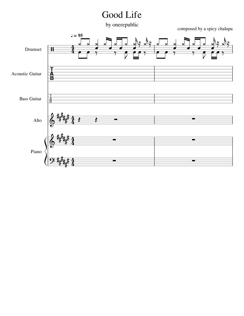 Good Life (onerepublic) Sheet Music and Tab for Piano, Alto, Guitar, Bass  guitar \u0026 more instruments (Mixed Quintet) | MuseScore.com, image size:850x1100