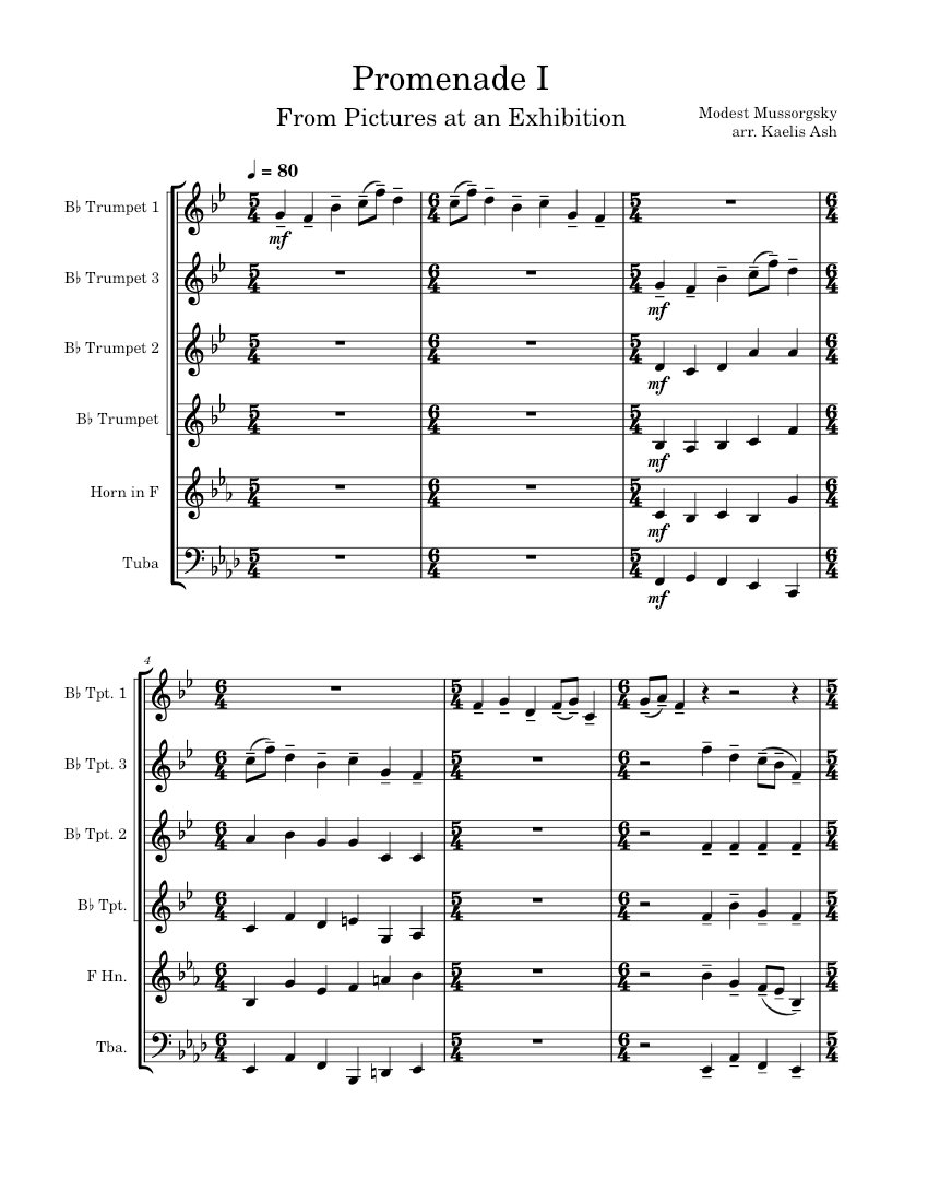 Promenade I from Pictures at an Exhibition for mixed brass Sheet music