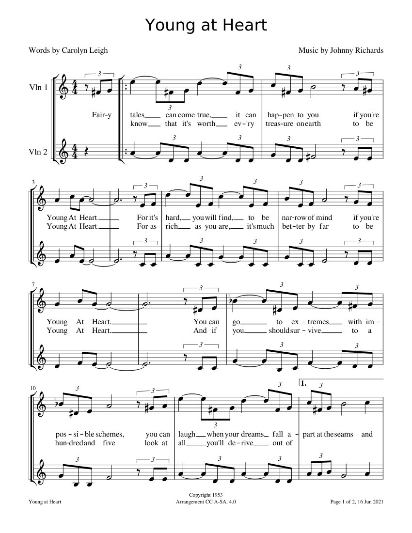 YOUNG AT HEART – Johnny Richards Sheet Music for Violin (String
