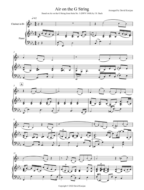 Air on the G String (clarinet & piano) - EASY (Arr. David Kocijan) (Clarinet and Piano)