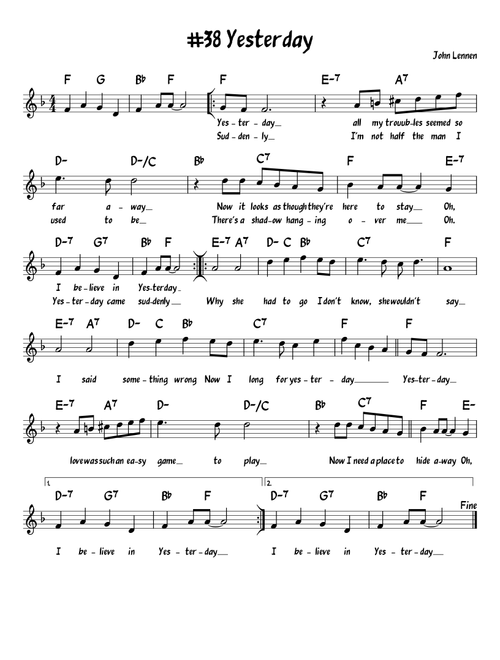 Yesterday (Arr. John Fries) - Adam Levine & Tony Lucca (Lead Sheet - Fake Book)