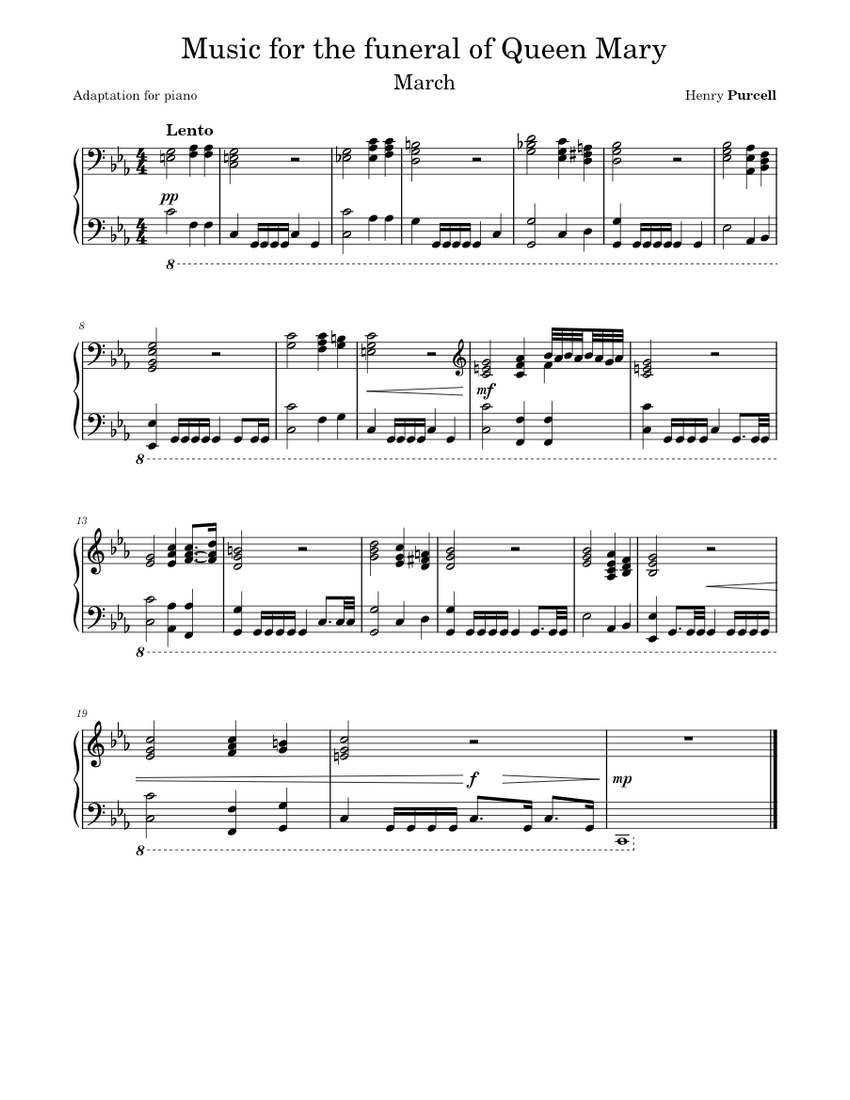Music for the funeral of Queen Mary - Purcell (piano adaptation) Sheet ...