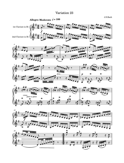 J.S.Bach: Goldberg Variation 23 for two clarinets (Arr. Saho Omukai) (Clarinet Duet)