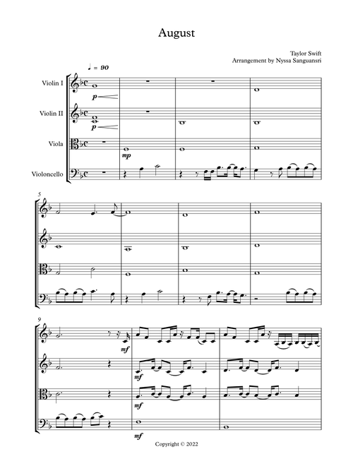 August (Arr. Nyssa Sanguansri) - Taylor Swift (String Quartet)