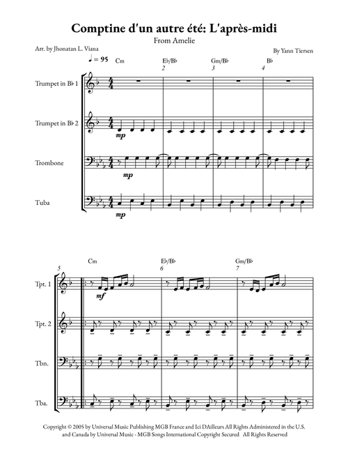 Comptine D'un Autre Été: L'après-Midi (Arr. Jhonatan Lucio Viana) - Yann Tiersen (Brass Ensemble)