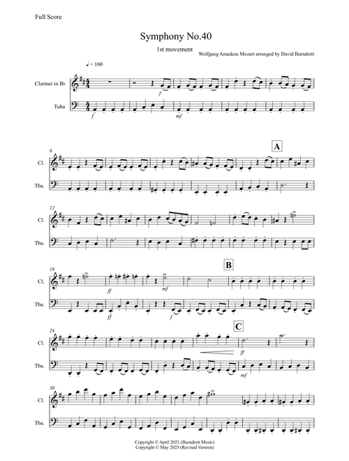 Symphony No.40 (1st movement) for Clarinet and Tuba Duet (Arr. David Burndrett) - Wolfgang Amadeus Mozart (Instrumental Duet)