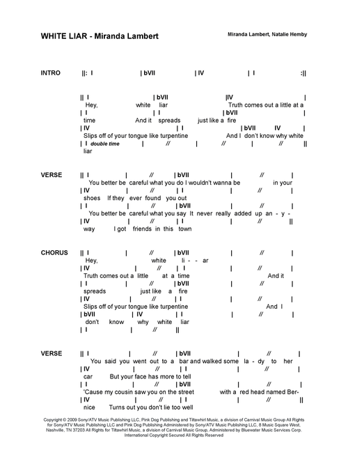 White Liar (Arr. Bronson Ferdinand Wright) - Miranda Lambert (Lead Sheet - Fake Book)