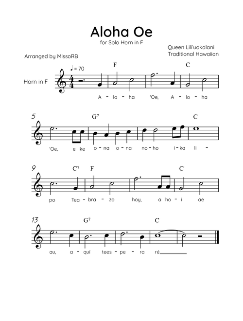 Aloha Oe - Solo Horn in F in F Major Easy With Lyrics & Chords (Arr. MissoRB) - Queen Liliʻuokalani (French Horn Solo)