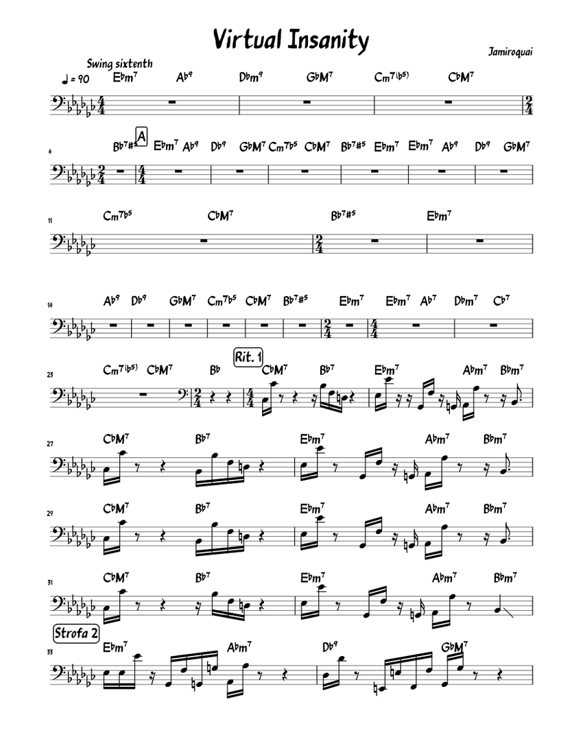 Virtual Insanity Sheet Music with Chords for Bass guitar (Solo