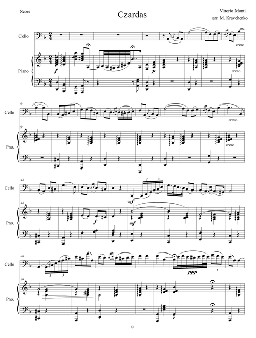 Vittorio Monti - Czardas for Cello and Piano (Arr. Maksym Kravchenko) (Cello and Piano)