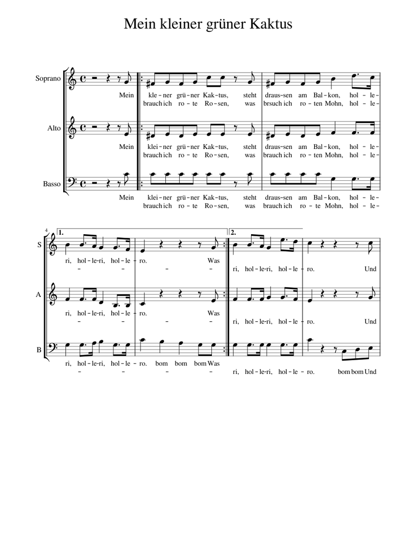 Mein kleiner grner Kaktus Sheet Music for Piano (Mixed Trio) |  MuseScore.com