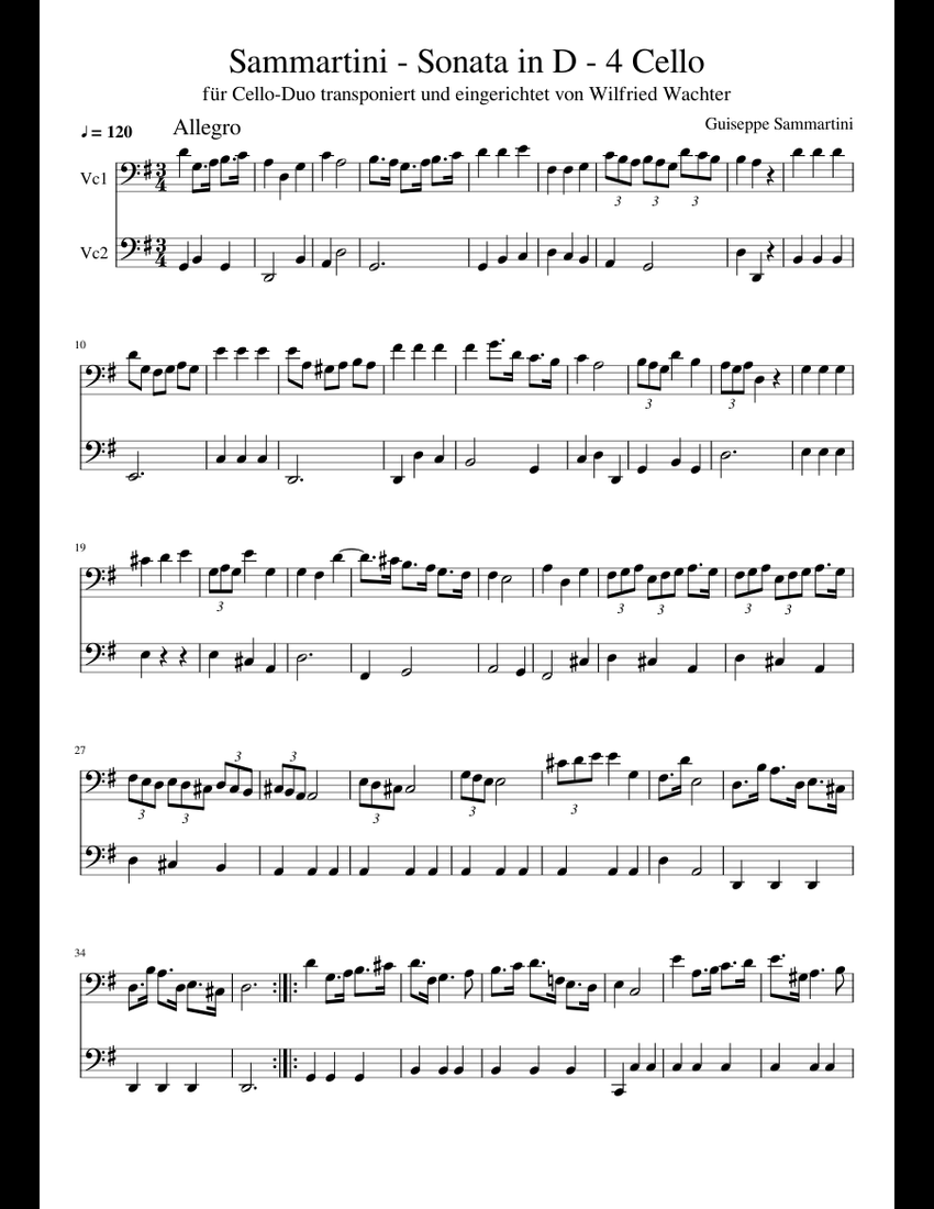 Sammartini - Sonata In D - 4 Cello Sheet Music For Cello (String Duet) | Musescore.com