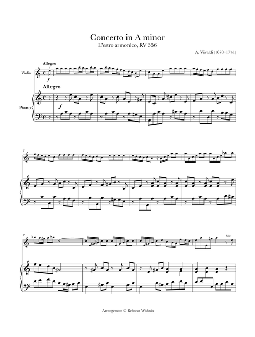 Concerto in A Minor, RV 356/Op. 3 No. 6 (Arr. Rebecca Wishnia) - Vivaldi (Violin and Piano)