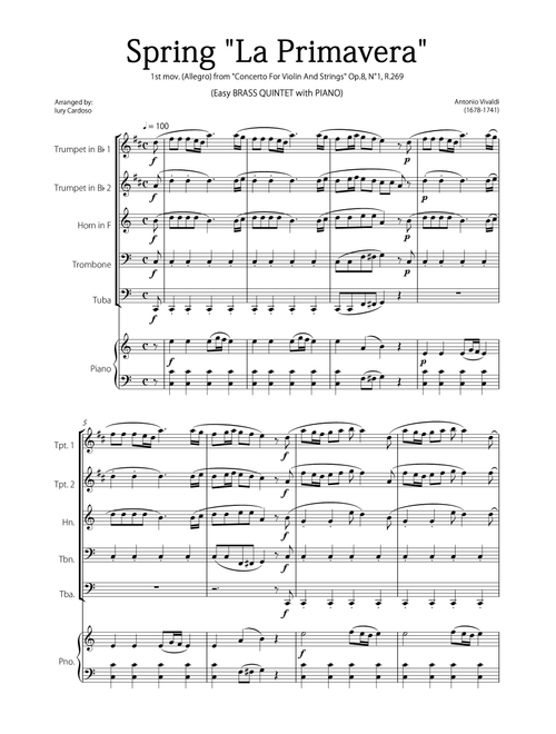 "Spring" (La Primavera) by Vivaldi - Easy version for BRASS QUINTET & PIANO (Arr. Iury Cardoso) - Antonio Vivaldi (Small Ensemble)