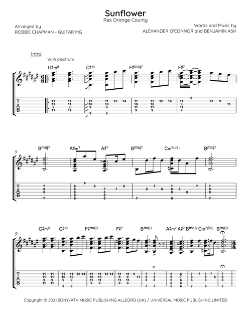 Sunflower (Arr. Robbie Chapman - Guitar MG) - Alexander O'Connor, Benjamin Ash (Guitar Tab)