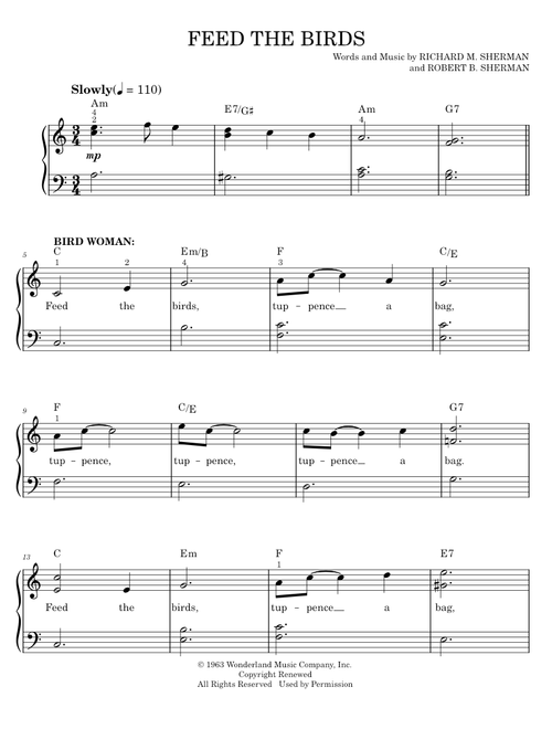 Feed The Birds - Mary Poppins Musical, Sherman Brothers (Easy Piano)