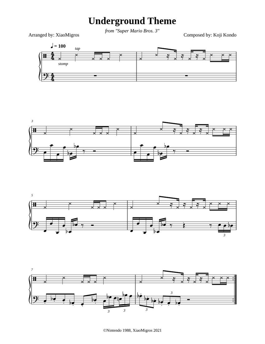 Underground Theme - Super Mario Bros. 3 Sheet Music for Piano (Solo ...