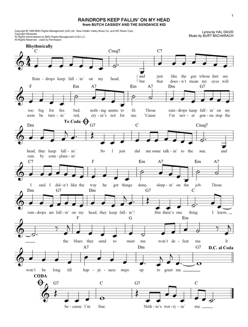 Raindrops Keep Fallin' On My Head - BJ Thomas (Easy Lead Sheet - Fake Book)