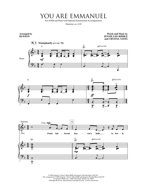 You Are Emmanuel (Arr. BJ Davis) - Jennie Lee Riddle (Choral, SATB)