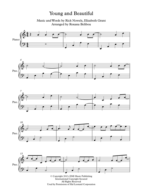 Young And Beautiful (Arr. Roxana Belibou) - Lana Del Ray (Piano Solo)