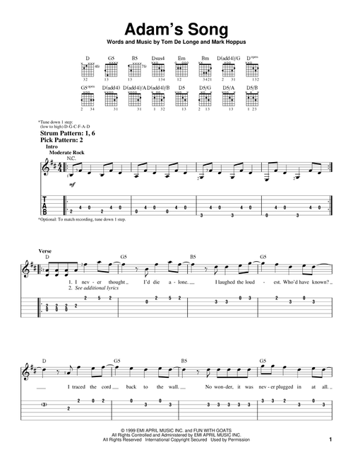 Adam's Song - Blink-182 (Easy Guitar with TAB)