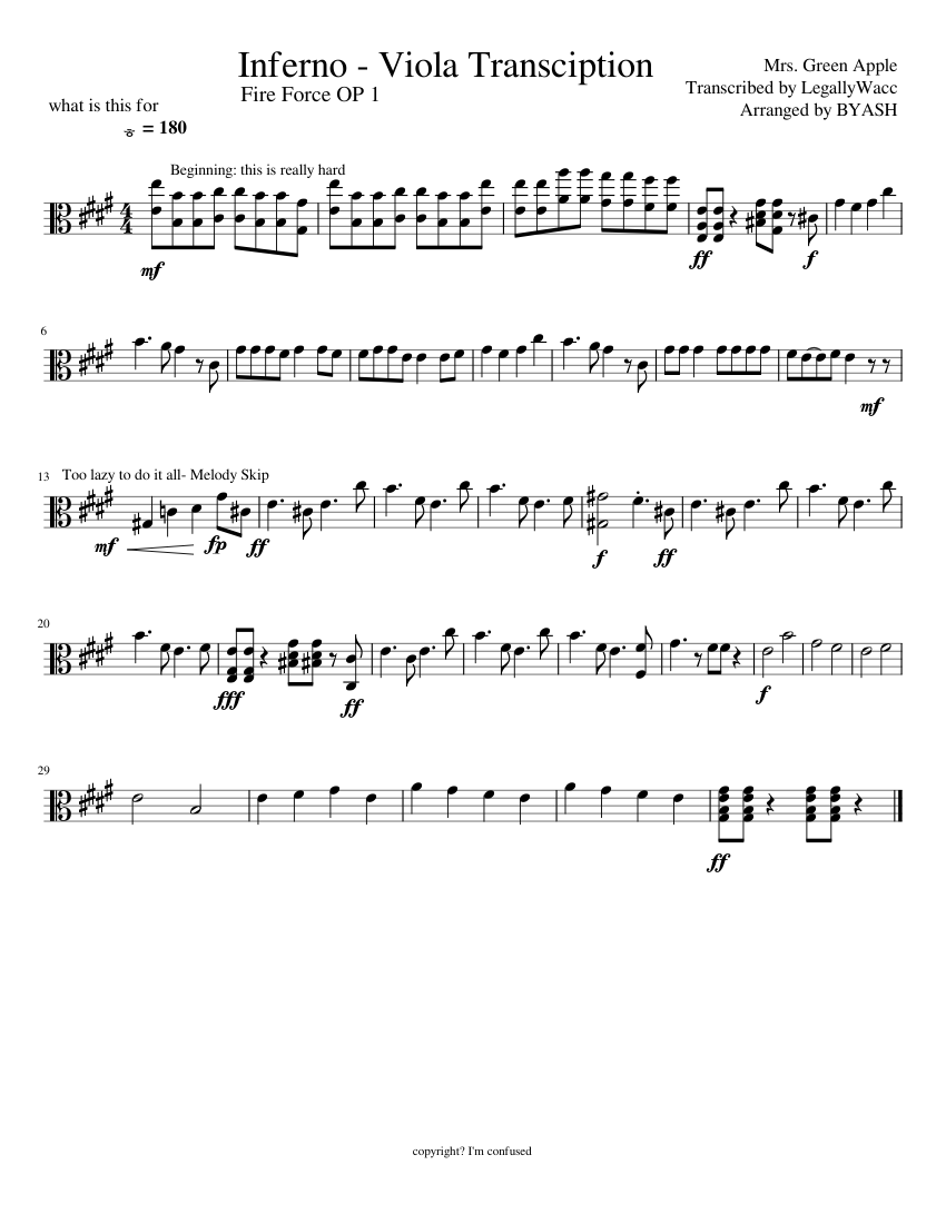 Inferno - Fire Force OP1 (Viola Transcription) [WIP] Sheet Music for ...