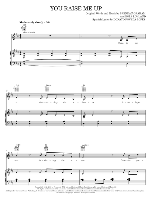 Por Ti Sere (You Raise Me Up) - Il Divo, Leonard Cohen (Piano-Vocal-Guitar)