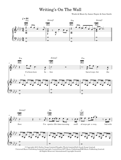 Writing's On The Wall (from James Bond: Spectre) - Sam Smith (Piano-Vocal-Guitar (Piano Accompaniment))