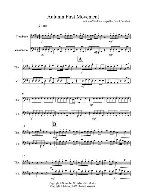 Autumn "Four Seasons" for Trombone and Cello Duet (Arr. David Burndrett) - Antonio Vivaldi (Instrumental Duet)