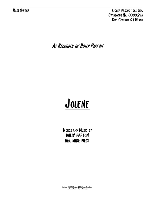 Jolene (Arr. Mike West) - Dolly Parton (Bass Tab)