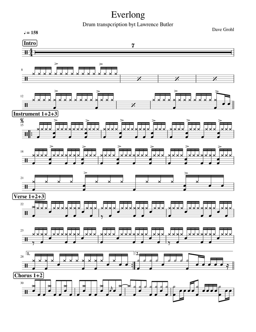 Everlong Foo Fighters Sheet Music For Drum Group Solo Musescore