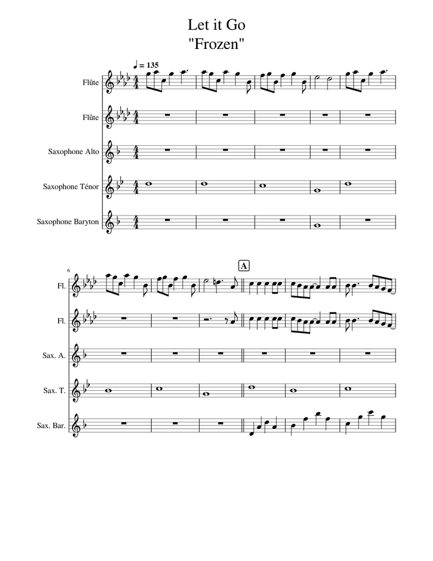 Let it go Frozenquintetraff Sheet music for Flute, Saxophone alto, Saxophone tenor, Saxophone