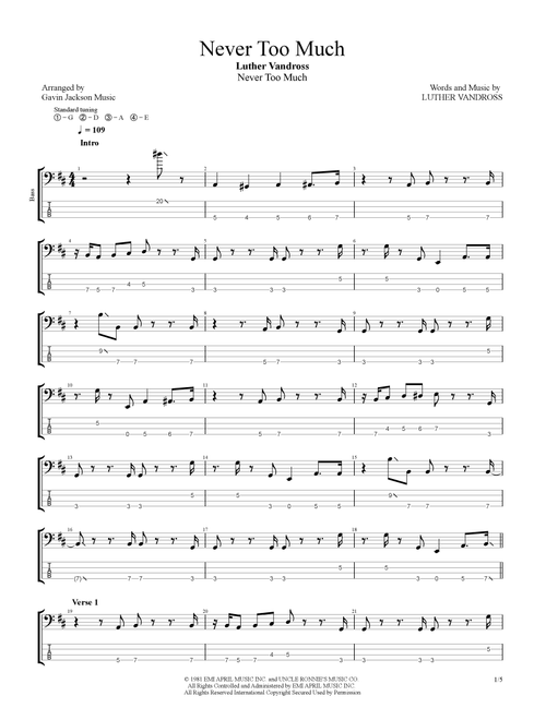 Never Too Much (Arr. Gavin Jackson Music) - Luther Vandross (Bass Tab)