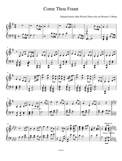 Come Thou Fount – arr piano solo Doreen J. Oberg original tune Robert Robinson 18th Century Come Thou Fount